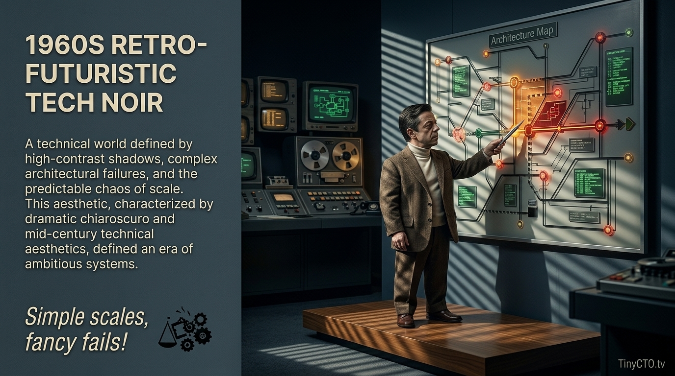 1960s Retro-Futuristic Tech Noir visual style for Tiny CTO: The Chaos Stack.