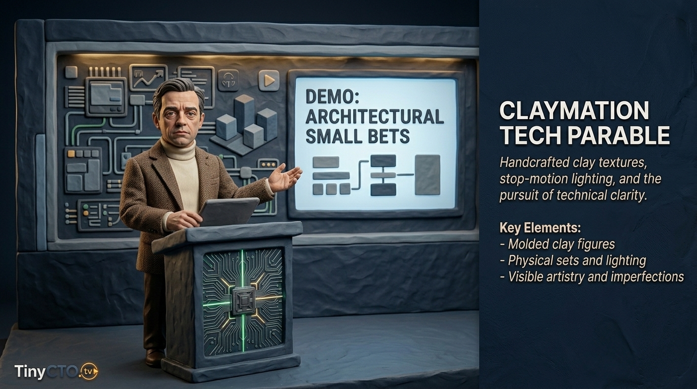 Claymation Tech Parable visual style for Tiny CTO: The Chaos Stack.