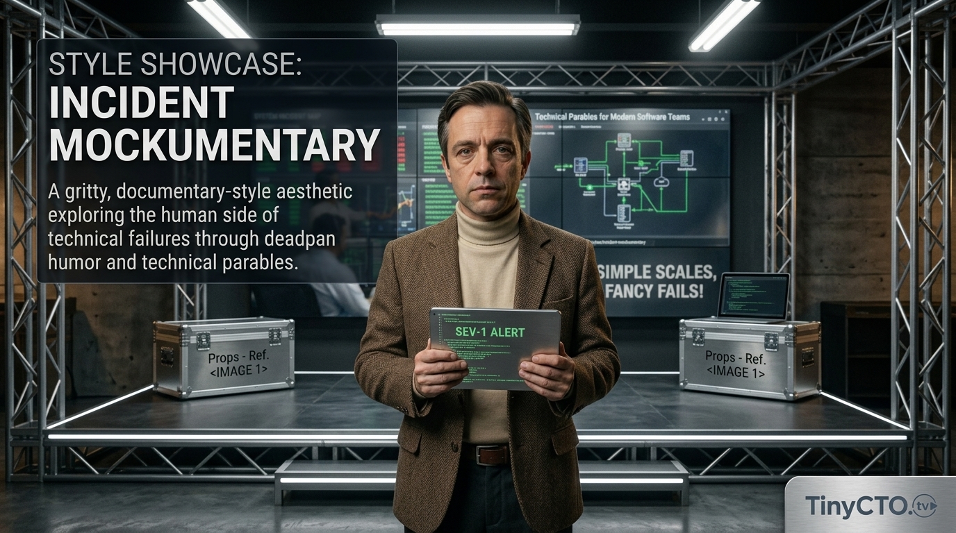 Incident Mockumentary visual style for Tiny CTO: The Chaos Stack.