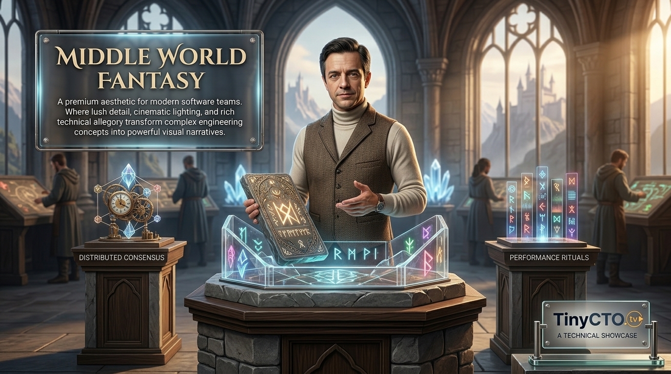 Middle World Fantasy visual style for Tiny CTO: The Chaos Stack.